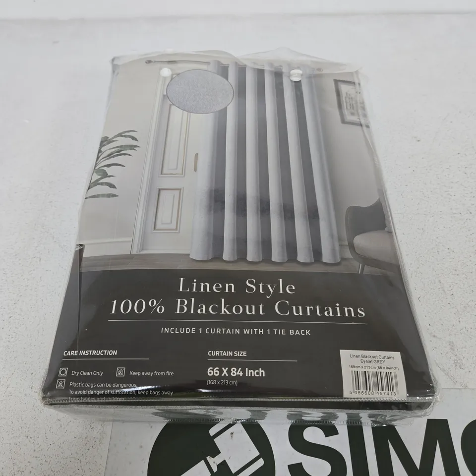 LINEN STYLE 100% BLACKOUT CURTAINS – EYELET GREY, 66 X 84 IN 