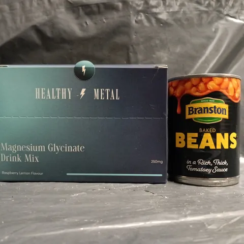 APPROXIMATELY 4 ASSORTED FOOD AND DRINK ITEMS TO INCLUDE BRANSTON BAKED BEANS, MAGNESIUM GLYCINATE DRINK MIX, ETC