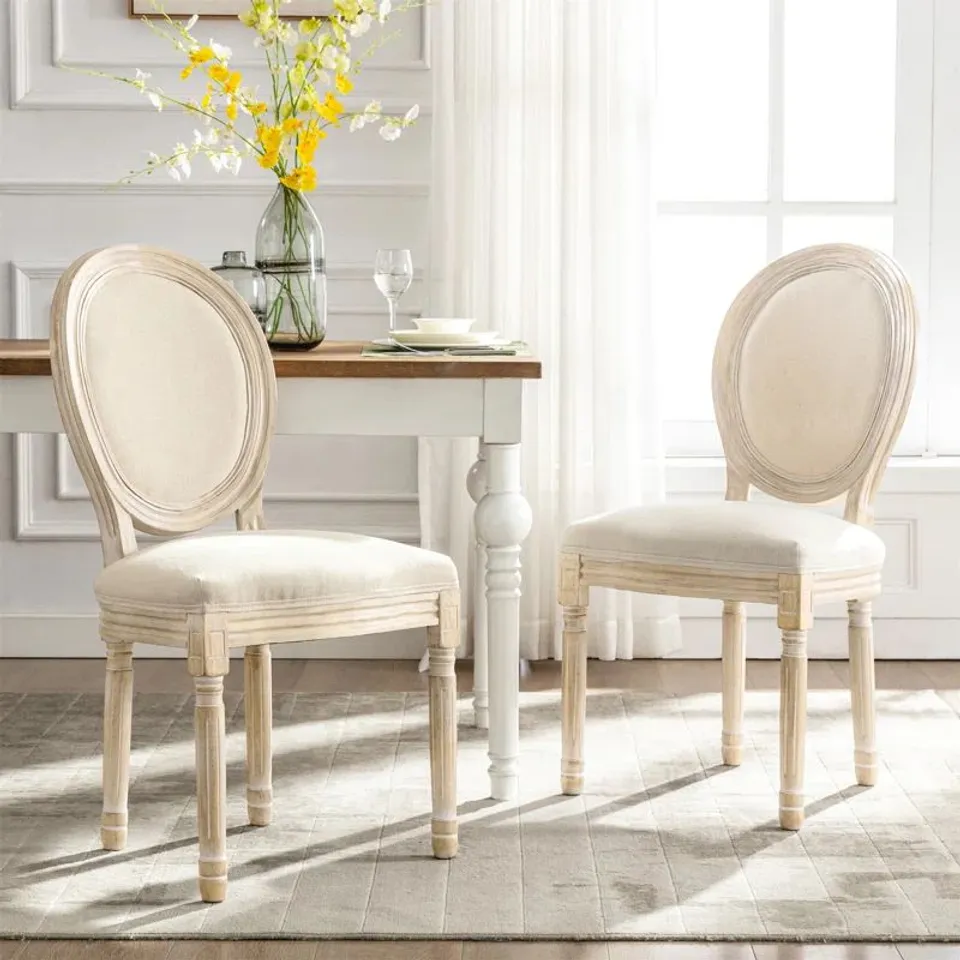 BOXED PAIR OF FLEUR DE LIS UPHOLSTERED LINEN FABRIC CHAIRS WITH ROUND BACK