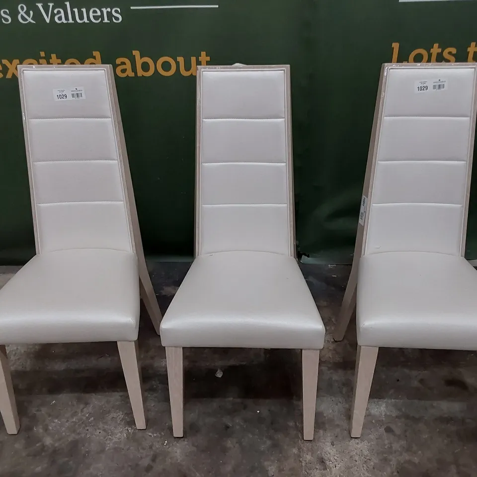 SET OF THREE HIGH BACKED UPHOLSTERED DINING CHAIRS HIGH GLOSS WOOD FRAMES SILVER SKIN EFFECT FABRIC