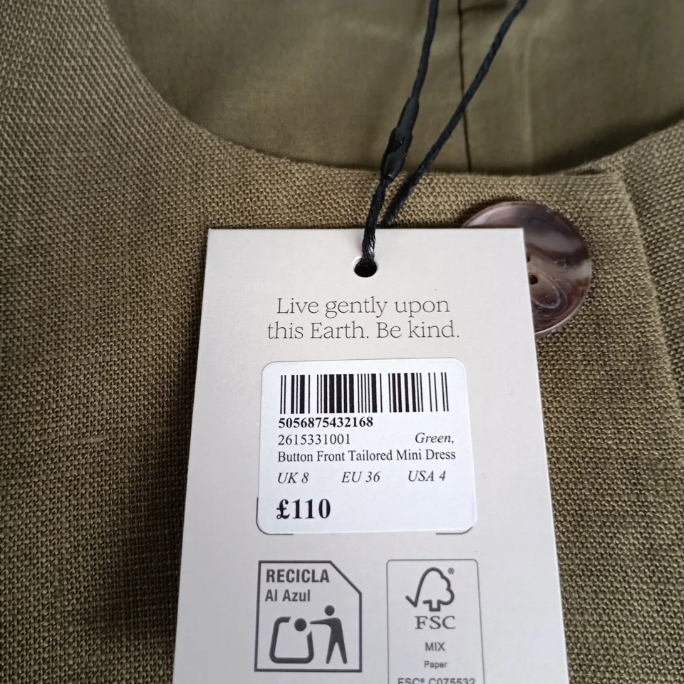 NOBODY'S CHILD OLIVE BUTTON-FRONT TAILORED MINI DRESS – UK 8 (EU 36, USA 4)