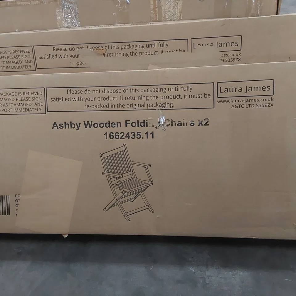 BOXED ASHBY SET OF 2 WOODEN FOLDING GARDEN/PATIO CHAIRS (1 BOX)