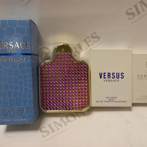 LOT OF 4 ASSORTED VERSACE PRODUCTS TO INCLUDE MAN EAU FRAICHE AFTER SHAVE BALM 75ML, JEANS COUTURE WOMEN EDP 75ML, VERSUS ROLLER BALL EDT SAMPLE