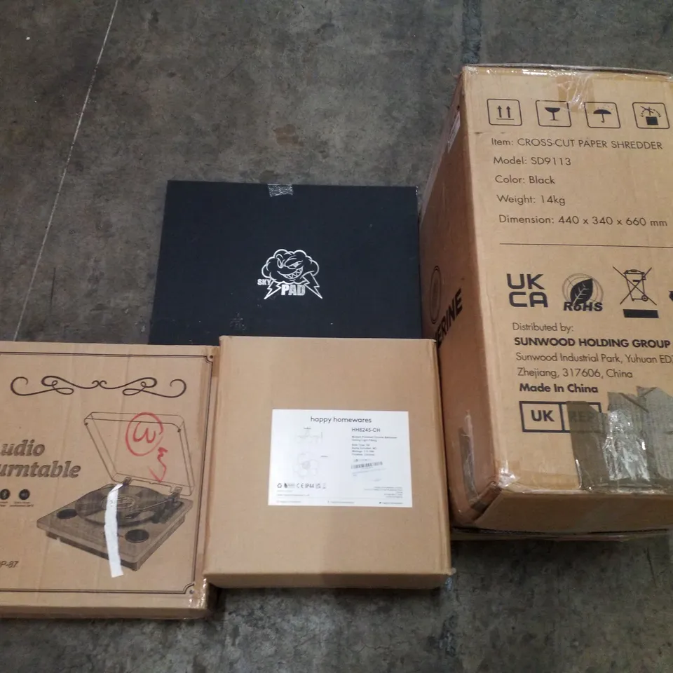 PALLET OF ASSORTED PRODUCTS INCLUDING CROSS-CUT PAPER SHREDDER, CEILING LIGHT FITTING, AUDIO TURNTABLE, GLASS MOUSEPAD 