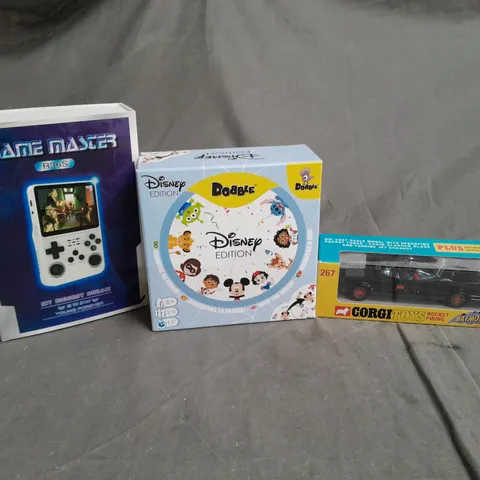 3 ASSORTED PRODUCTS TO INCLUDE DOBBLE DISNEY EDITION, CORGI TOYS ROCKET FIRING BATMOBILE, GAME MASTER R36S 