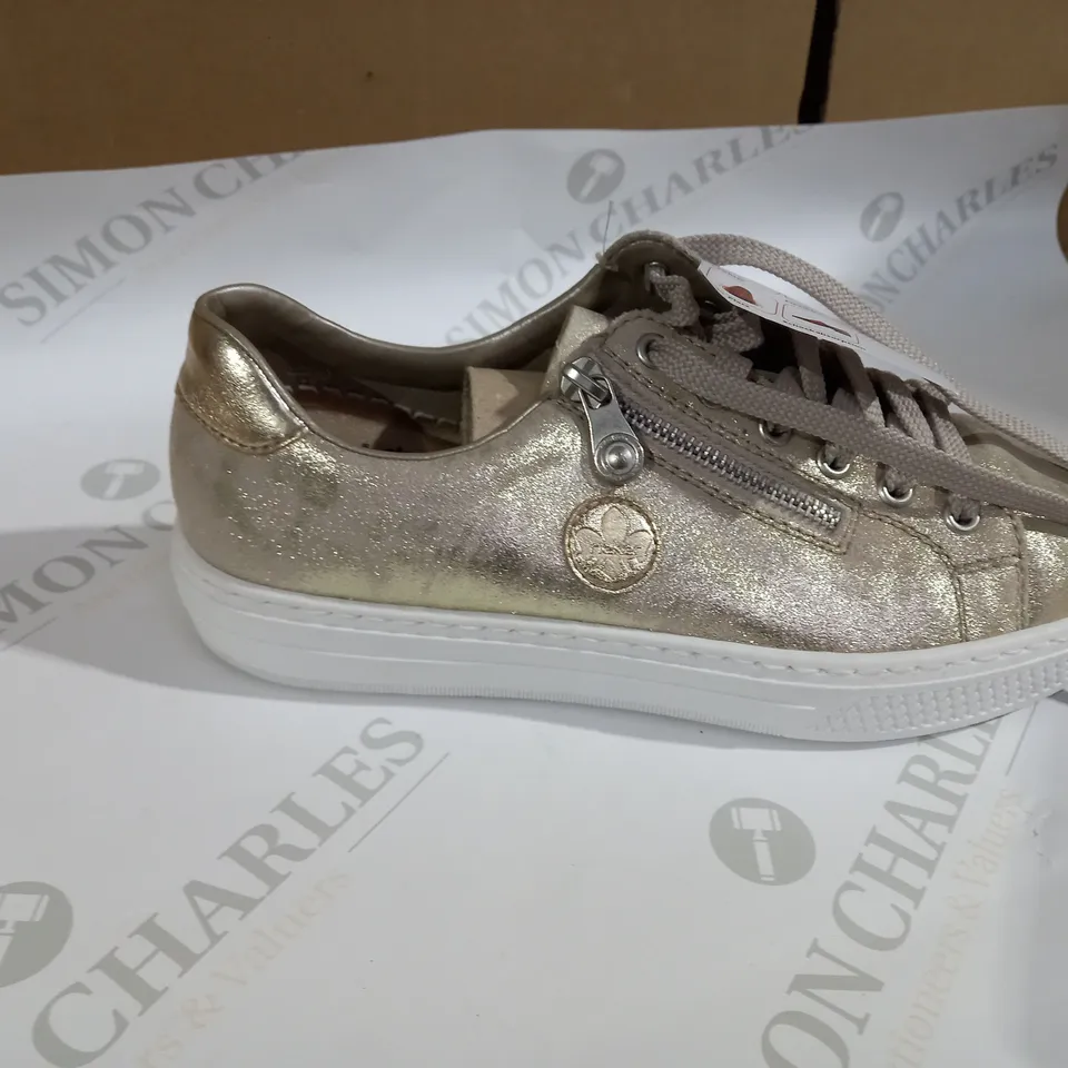 BOXED PAIR OF RIEKER GOLD METALLIC TRAINERS - SIZE 6.5