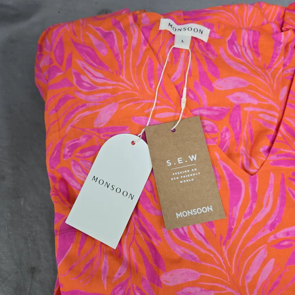 MONSOON WOMEN'S SUMMER DRESS - PINK/ORANGE LEAF PRINT, UK SIZE L