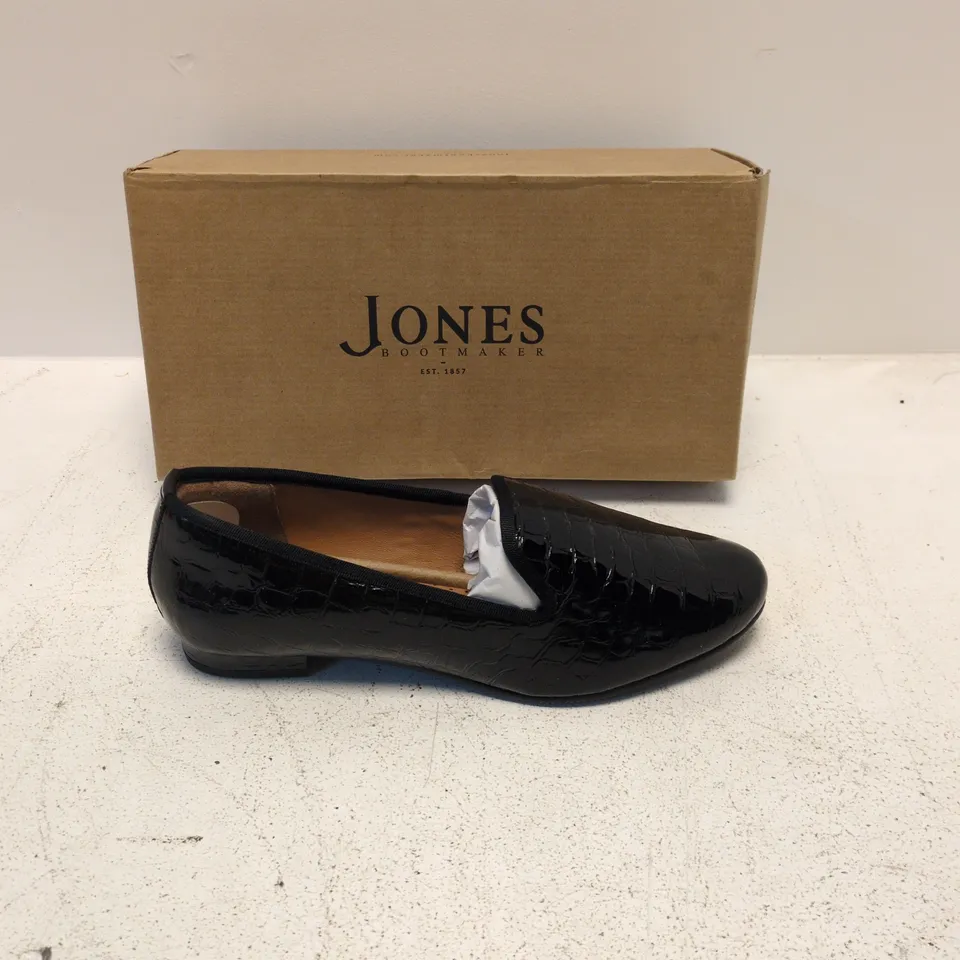 UK 8 JONES BOOTMAKER SOLENE BLACK PATENT CROC SLIP-ON