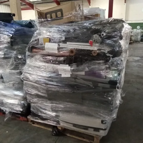 PALLET OF ASSORTED HOUSEHOLD GOODS AND PRODUCTS TO INCLUDE; LUGGAGE CASES, WRAPPING PAPER, AIR PUMPS ETC