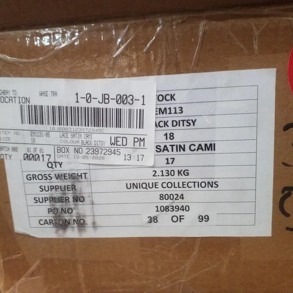 BOX CONTAINING APPROXIMATELY 17 BRAND NEW SIMPLY BE BLACK DITSY LACE SATIN CAMI - SIZE 18