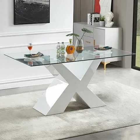 BOXED ZANTI CLEAR GLASS DINING TABLE WITH PU WHITE HIGH GLOSS LEGS (2 BOXES)