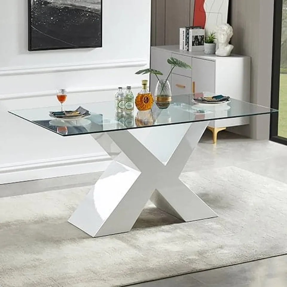 BOXED ZANTI CLEAR GLASS DINING TABLE WITH PU WHITE HIGH GLOSS LEGS (2 BOXES)