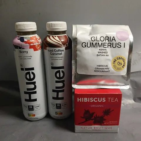 TOTE OF APPROX 6 ASSORTED FOOD ITEMS TO INCLUDE - HUEL BERRY , HUEL CHOCOLATE , HIBISCUS TEA ETC