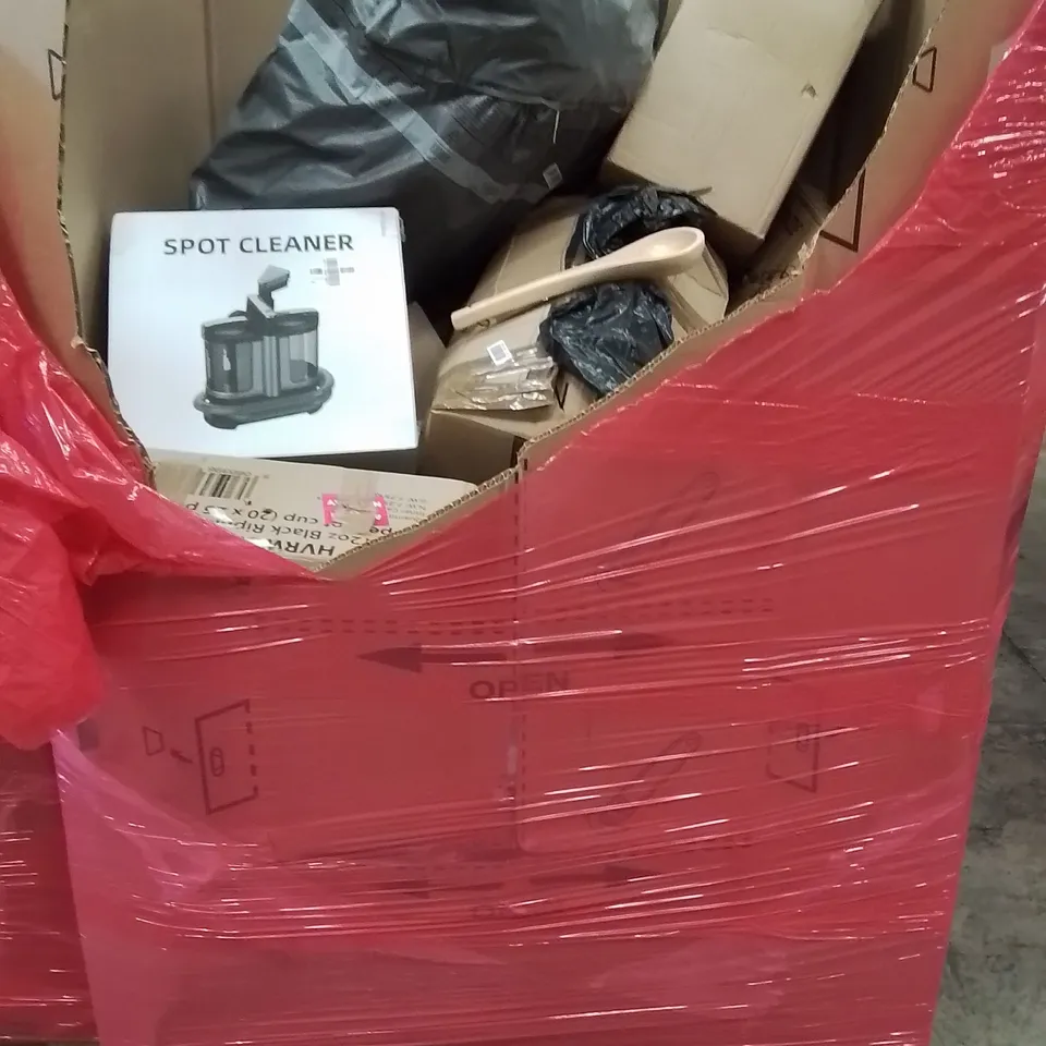 PALLET CONTAINING VARIOUS ASSORTED BOXED HOUSEHOLD ITEMS TO INCLUDE:  SPOT CLEANER, TOILET SEAT, INLINE SKATES, PAPER CUPS AND LOTS MORE UNMARKED BOXED ITEMS 