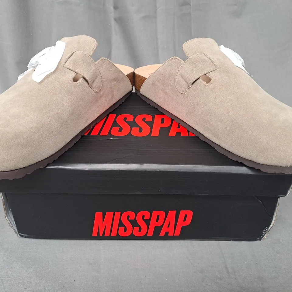 BOXED PAIR OF MISSPAP FAUX SUEDE BUCKLE CLOGS IN BEIGE SIZE 6