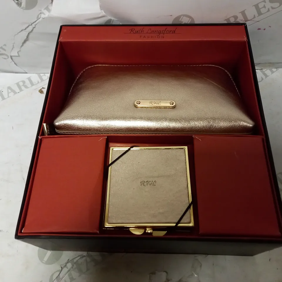 RUTH LANGSFORD LEATHER MAKEUP POUCH WITH MIRROR IN GOLD EFFECT