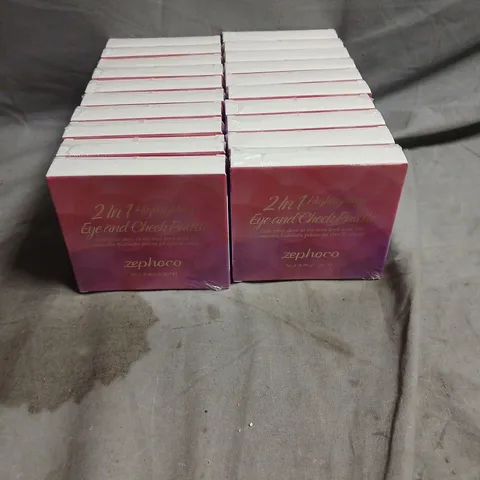 BOX OF APPROXIMATELY 20 SEALED ZEPHOCO 2 IN 1 HIGHLIGHTING EYE AND CHEEK PALETTES - SHADES MAY VARY