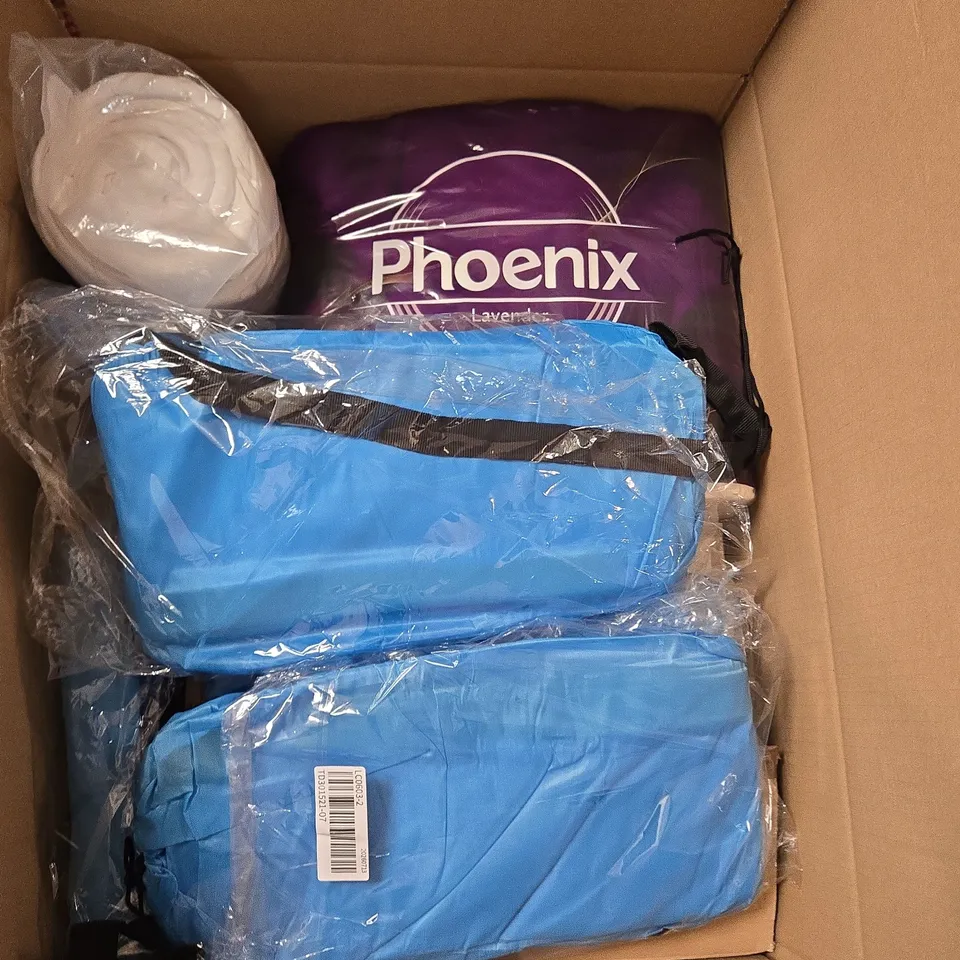 BOX OF APPROXIMATELY 10 ASSORTED ITEMS INCLUDING TOILET ROLL, A DUVET AND A BLUE BAG