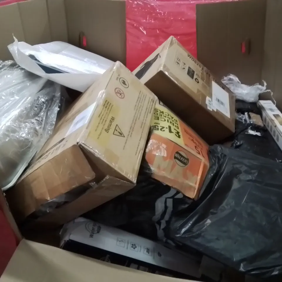 PALLET OF ASSORTED HOUSEHOLD GOODS AND PRODUCTS TO INCLUDE; WATER MOP, BABY HIGH CHAIR, BOXED FURNITURE ETC 