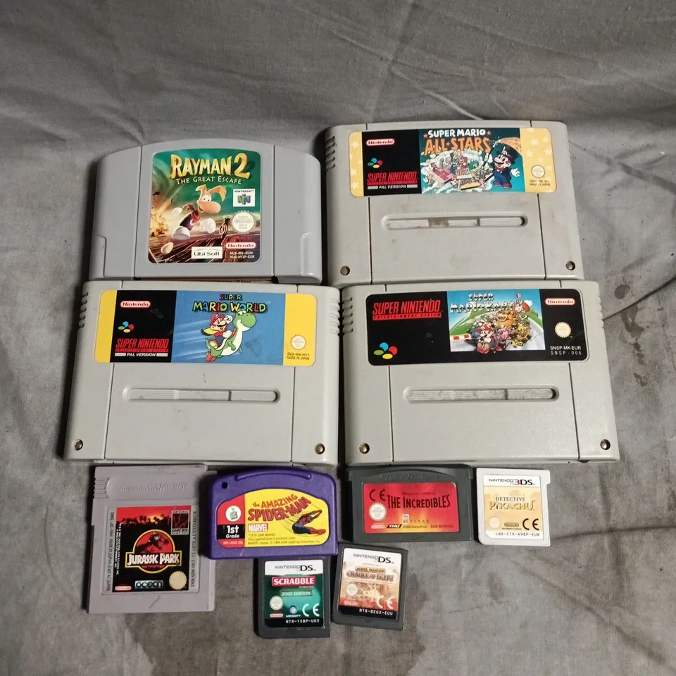 10 X ASSORTED RETRO CARTRIDGE VIDEO GAMES TO INCLUDE SUPER MARIO WORLD, SCRABBLE, JURASSIC PARK ETC 
