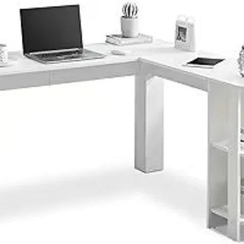 BOXED OFCASA L SHAPED DESK FOR HOME WORKING GAMING WHITE CORNER COMPUTER DESK WITH 2 TIERS OPENED BOOKSHELVES