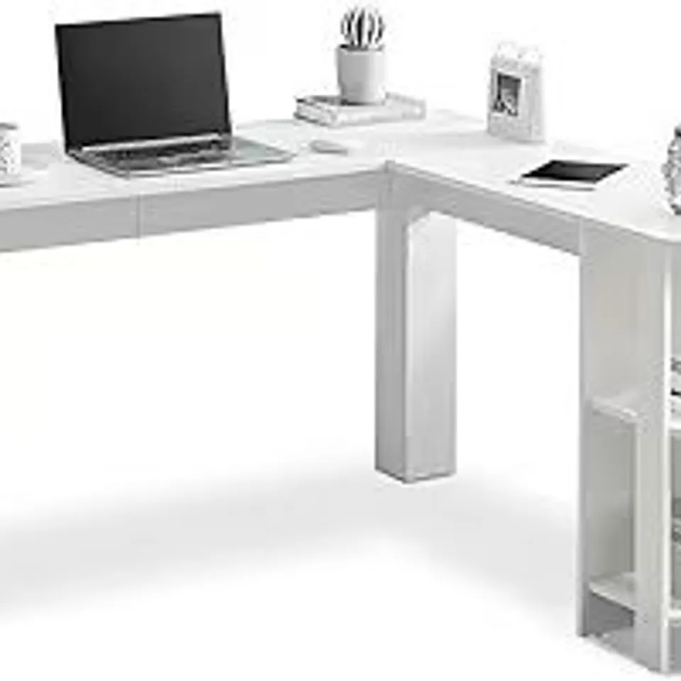 BOXED OFCASA L SHAPED DESK FOR HOME WORKING GAMING WHITE CORNER COMPUTER DESK WITH 2 TIERS OPENED BOOKSHELVES 
