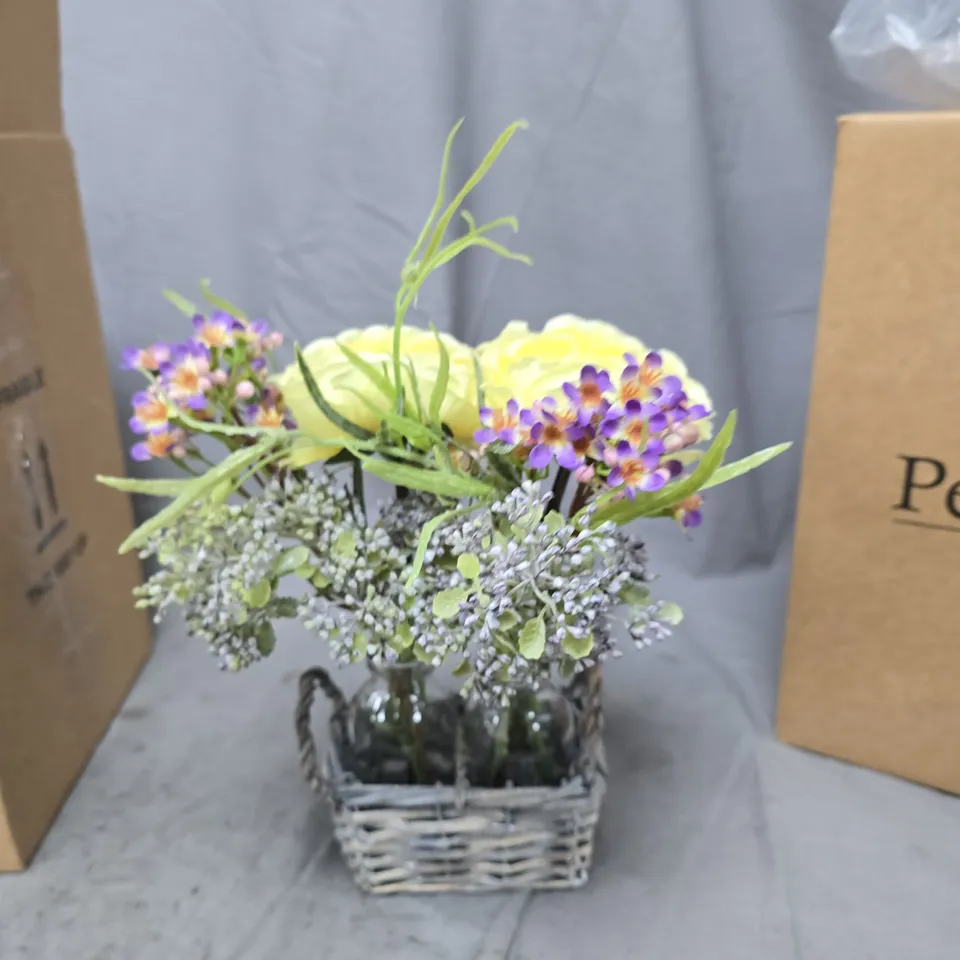 PEONY ARTIFICIAL FLOWER ARRANGEMENT IN WHITE-WASHED BASKET – YELLOW ROSES WITH PURPLE ACCENTS
