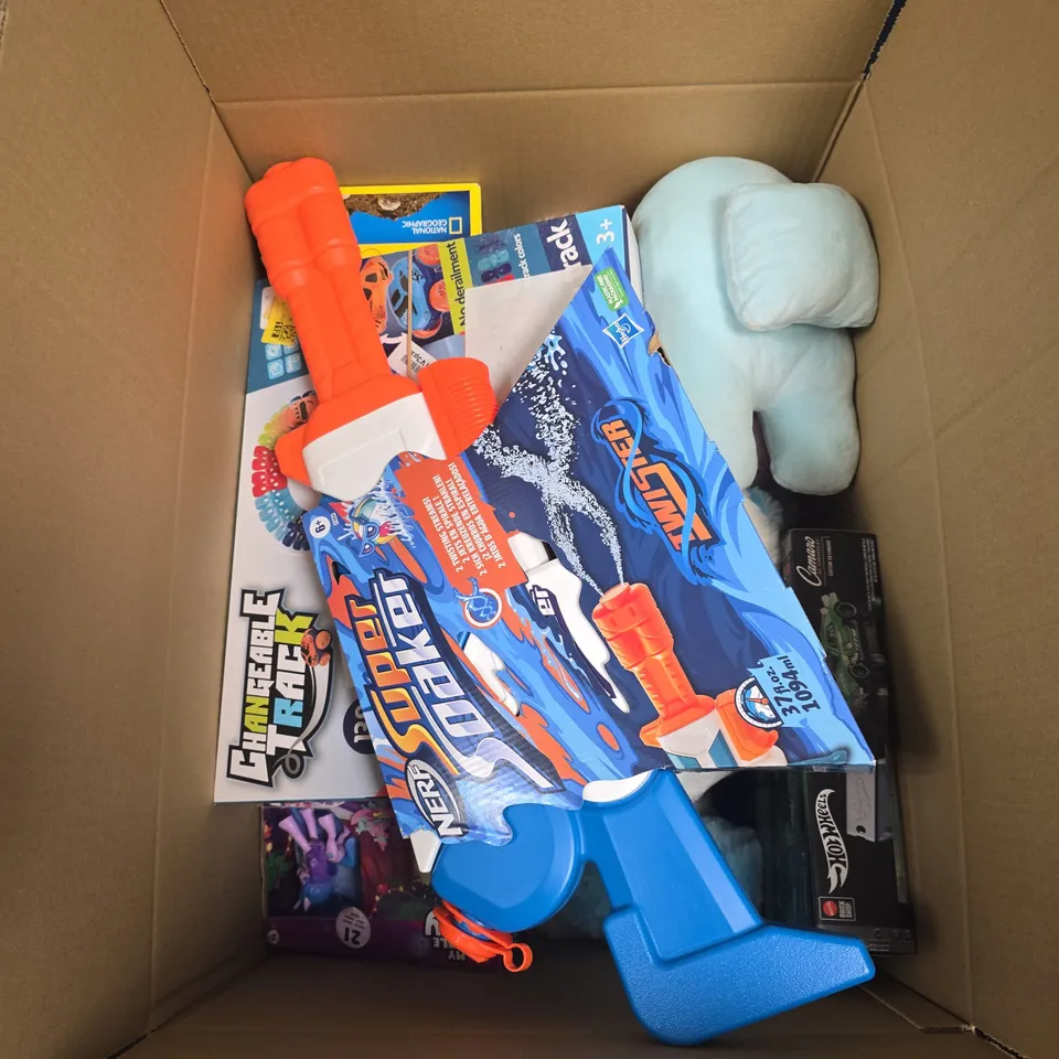 BOX OF APPROXIMATELY 15 ASSORTED ITEMS INCLUDING NATIONAL GEOGRAPHIC BREAK OPEN 4 GEODES, MY LITTLE PONY IZZY MOONBOW UNICORN TEA PARTY AND CHANGEABLE TRACK TOY