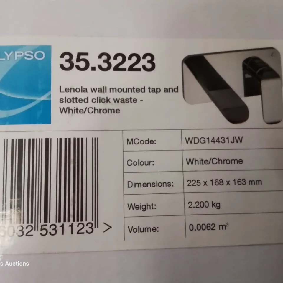 BRAND NEW BOXED DESIGNER LENOLA WALL MOUNTED TAP & SLOTTED CLICK WASTE WHITE/CHROME