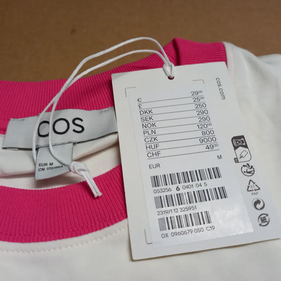 COS WHITE T-SHIRT WITH PINK TRIM - EUR M