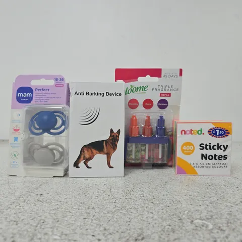 APPROXIMATELY 10 ASSORTED HOUSEHOLD ITEMS TO INCLUDE STICKY NOTES, ANTI BARKING DEVICE, ETC