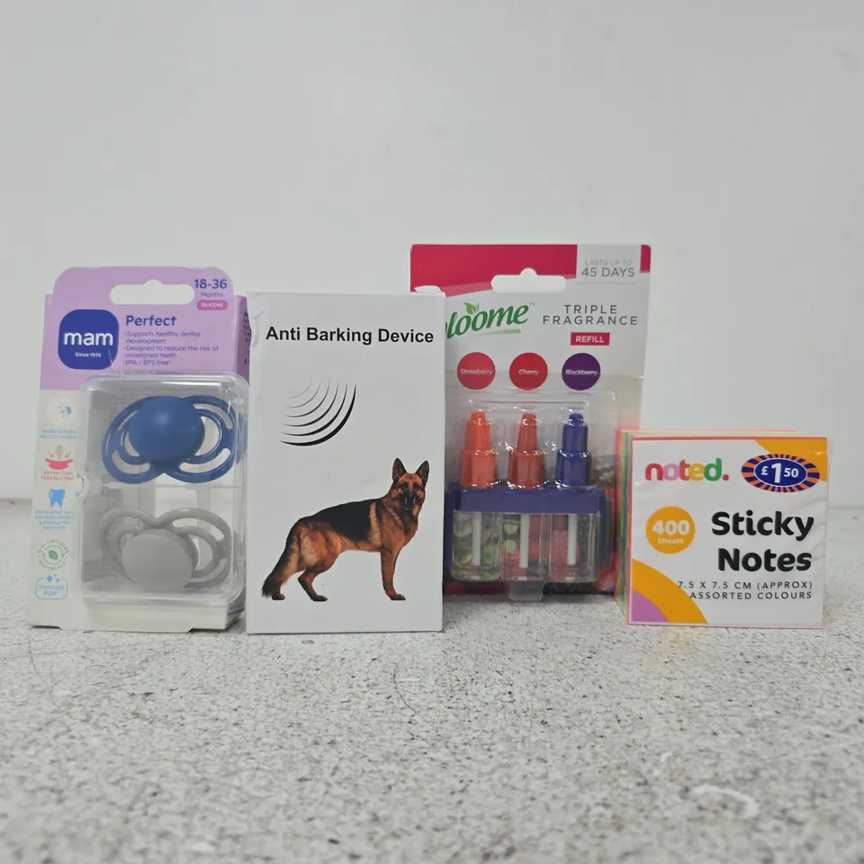 APPROXIMATELY 10 ASSORTED HOUSEHOLD ITEMS TO INCLUDE STICKY NOTES, ANTI BARKING DEVICE, ETC