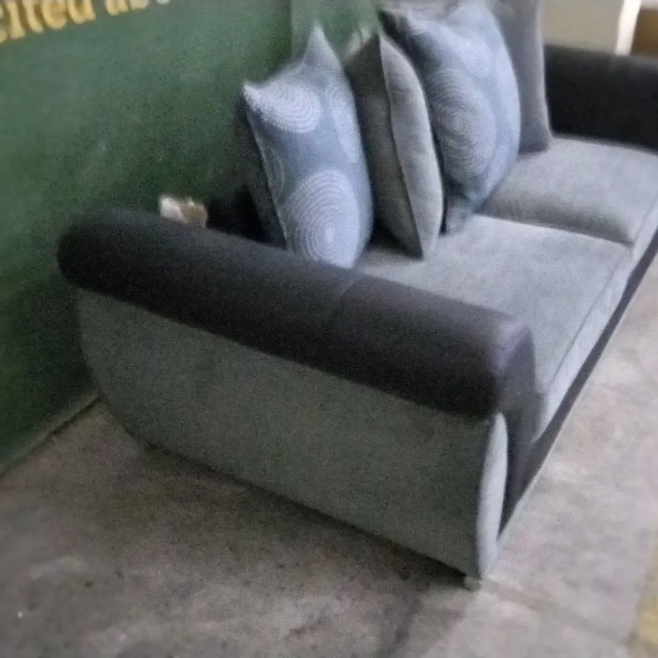 DESIGNER DANUBE GREY FABRIC AND BLACK SUEDE EFFECT THREE SEATER SOFA