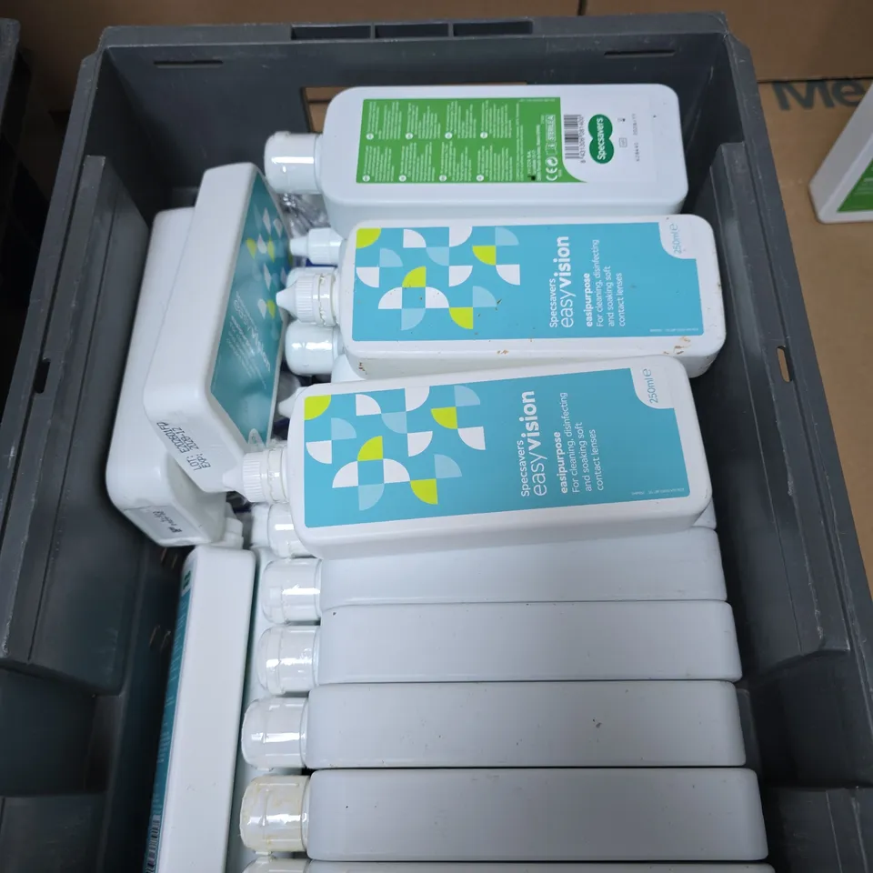 TOTE OF APPROXIMATELY 20 ASSORTED CONTACT LENS SOLUTIONS