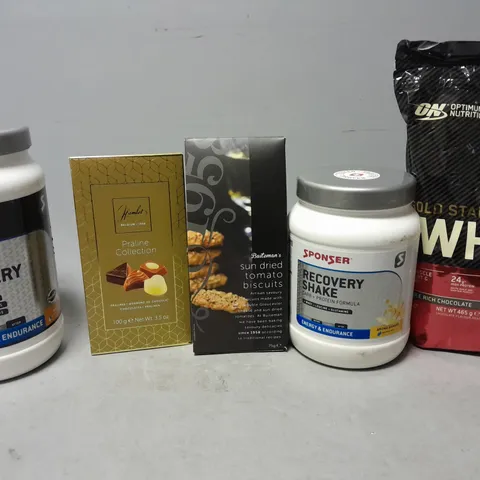 TOTE OF APPROXIMATELY 8 ASSORTED FOOD ITEMS TO INCLUDE - ON GOLD STANDARD WHEY DOUBLE RICH CHOCOLATE 465G , PRALINE COLLECTION , SPONSER RECOVERY SHAKE ETC