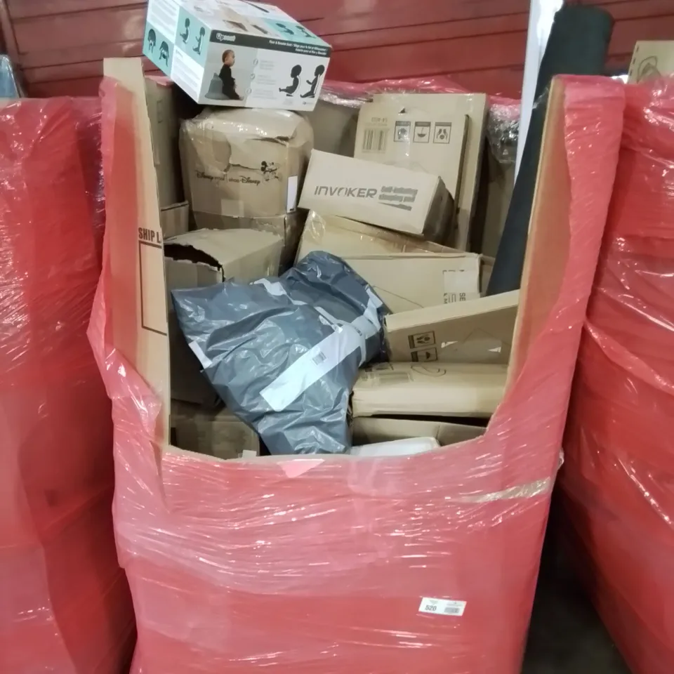 PALLET CONTAINING VARIOUS ASSORTED PRODUCTS INCLUDING:BLINDS, BABY UPSEAT, SELF INFLATING SLEEPING PAD, DISNEY MATTRESS TOPPER AND LOTS MORE UNMARKED BOXED ITEMS 