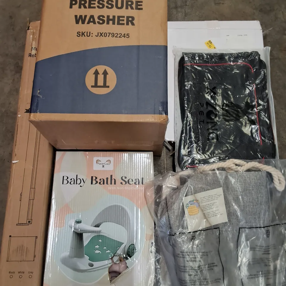 PALLET OF ASSORTED HOUSEHOLD ITEMS TO INCLUDE STREAM PRESSURE WASHER, BABY BATH SEAT AND X-ZONE PET CARRIER