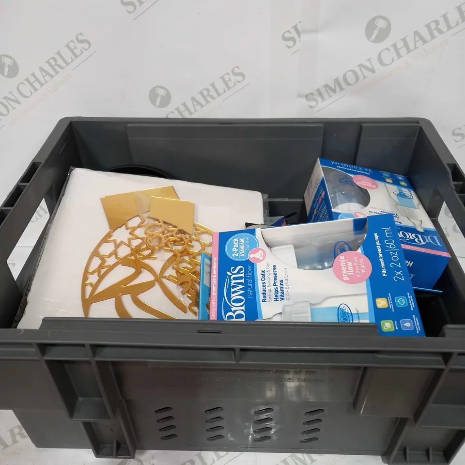 BOX TO CONTAIN APPROX 20 X ASSORTED HOUSEHOLD PRODUCTS, INCLUDES HEADSET, BABY BOTTLES, PINS ETC 