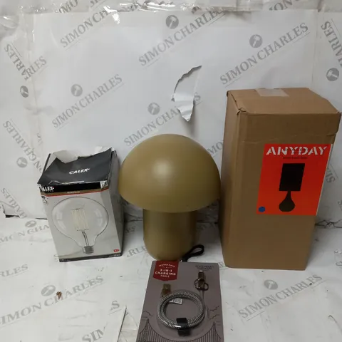 BOX OF APPROX 14 ASSORTED ITEMS TO INCLUDE -  KRISTY LAMP - 3 IN 1 CHARGE TABLE - CALEX LIGHT BLUB ECT