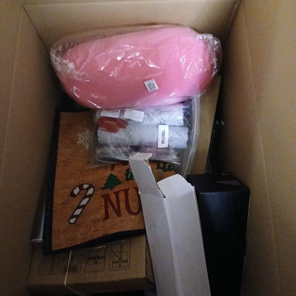 BOX OF APPROXIMATELY 15 ASSORTED HOUSEHOLD ITEMS TO INCLUDE PLENTY KITCHEN ROLL, MEDILINK DRYWIPES AND A LLOYD THE LLAMA SMALL PLANTER