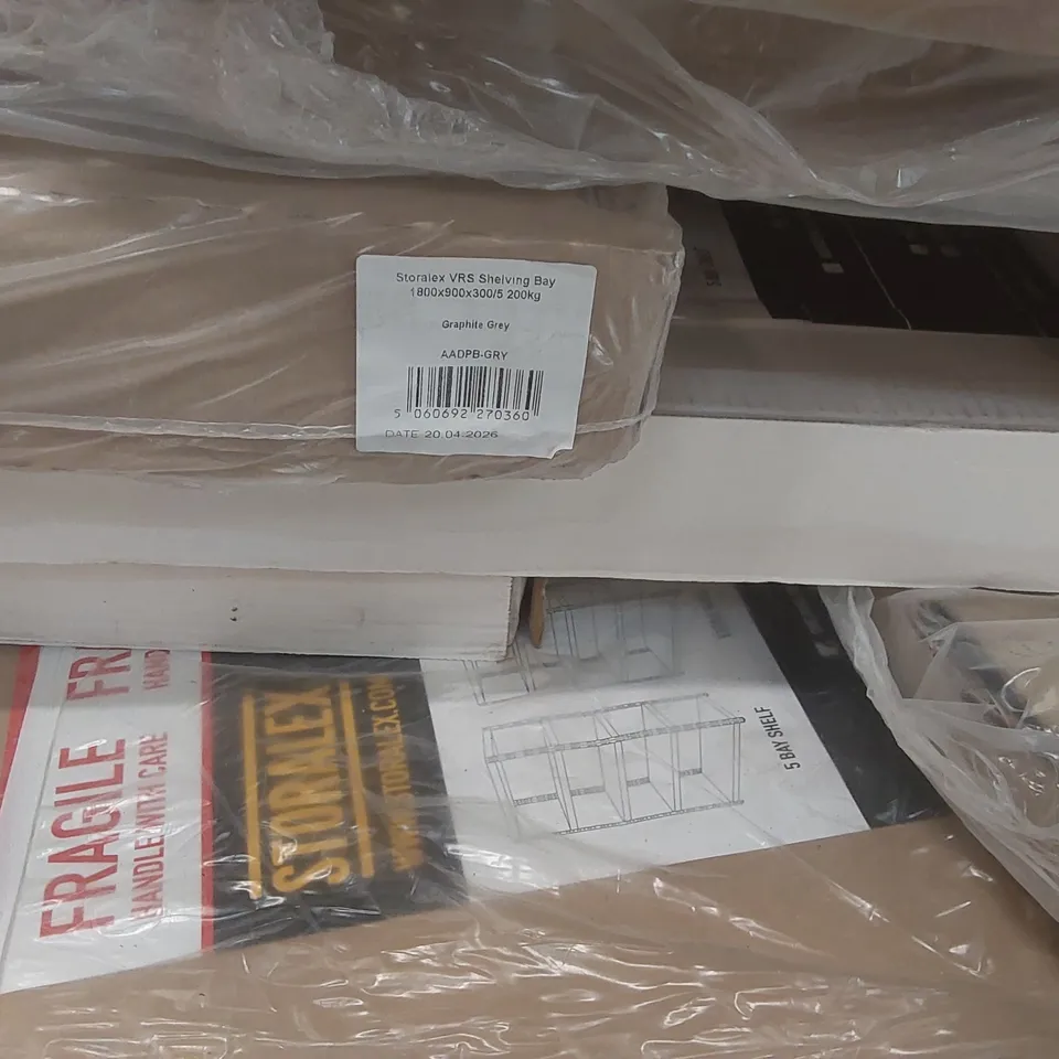 PALLET CONTAINING A VERY LARGE QUANTITY OF ASSORTED TUFFERMAN COMMERCIAL WAREHOUSE SHELVING INCLUDING TUFFERMAN STORALEX VRS SHELVING BAYS ECT