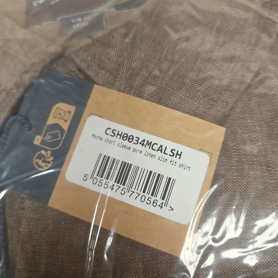 CHARLES TYRWHITT MOCHA SHORT SLEEVE PURE LINEN SLIM FIT SHIRT – MEN’S- SIZE L