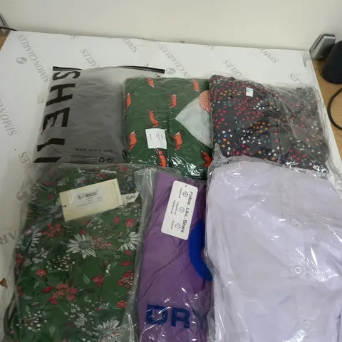 LARGE BOX OF ASSORTED CLOTHING ITEMS IN VARIOUS COLOURS AND SIZES INCLUDING TROUSERS , TOPS AND JUMPERS