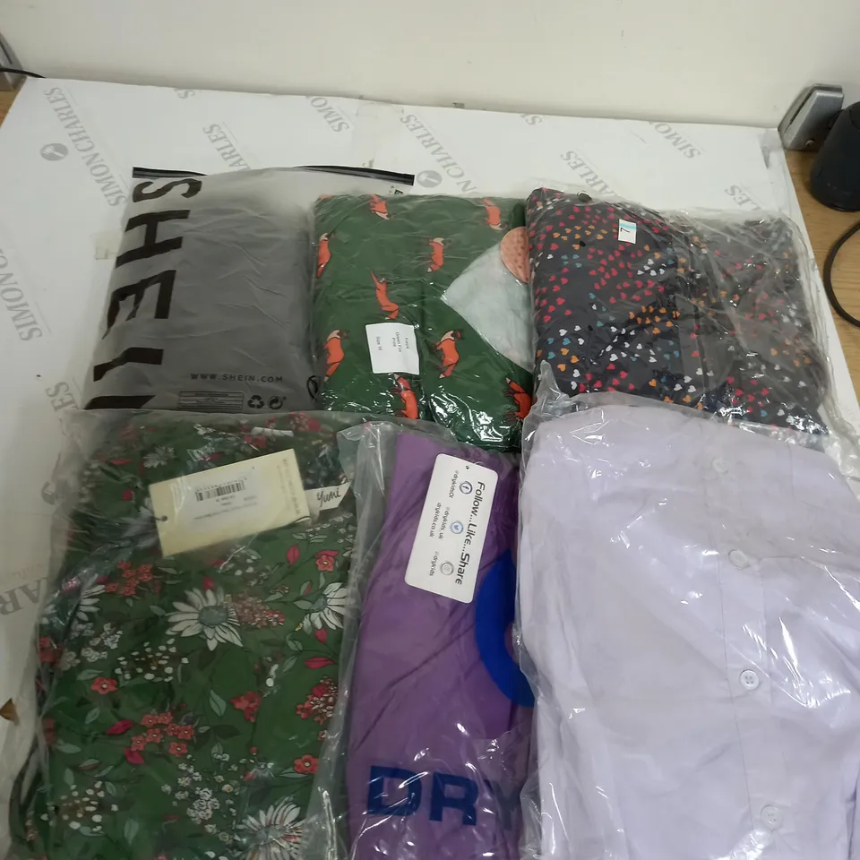 LARGE BOX OF ASSORTED CLOTHING ITEMS IN VARIOUS COLOURS AND SIZES INCLUDING TROUSERS , TOPS AND JUMPERS 