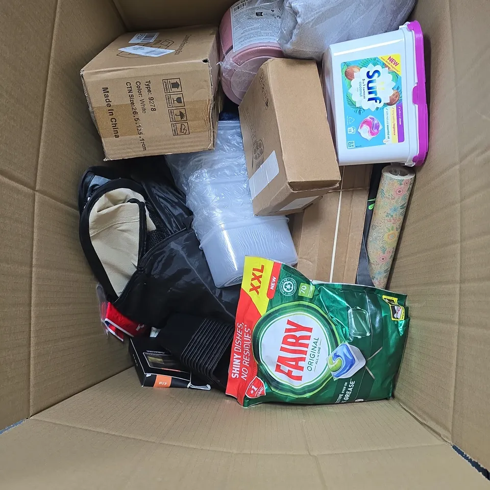 BOX OF APPROXIMATELY 15 ASSORTED HOUSEHOLD ITEMS INCLUDING FAIRY DISHWASHER TABLETS AND SKY HUB 
