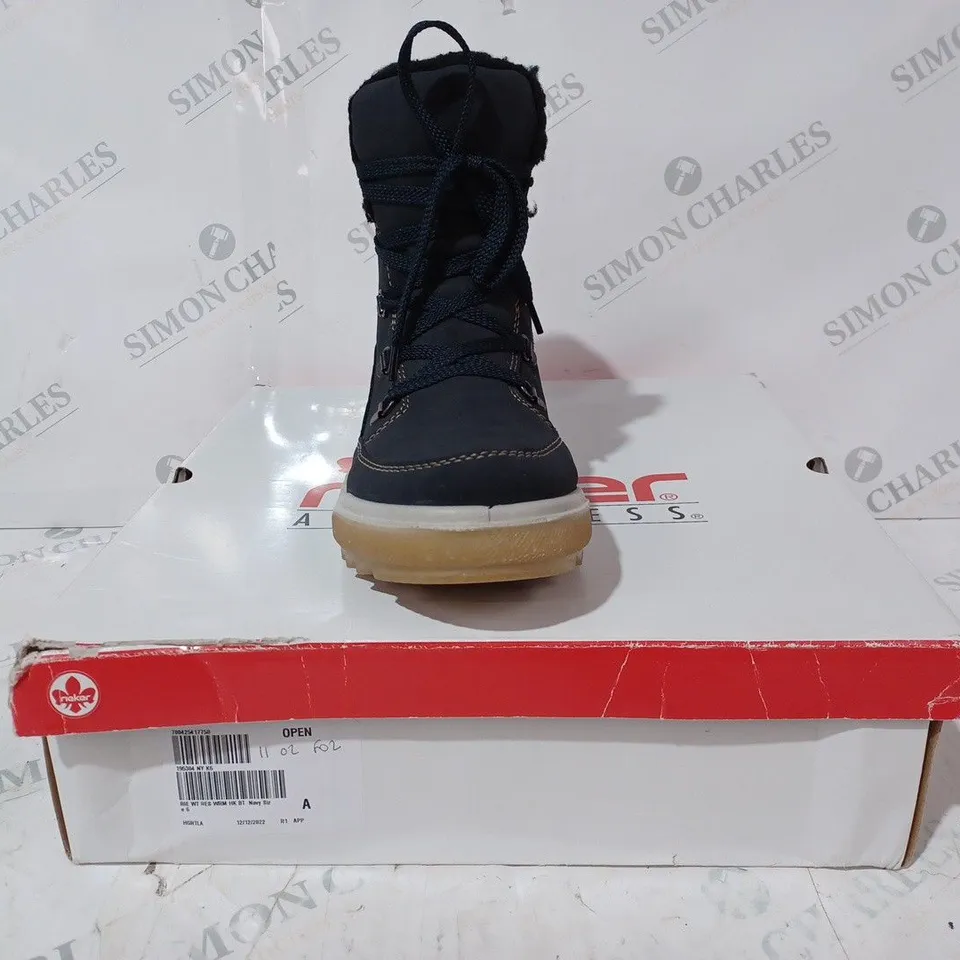 BOXED PAIR OF RIEKER WARM HIKING BOOTS, NAVY - SIZE 6 