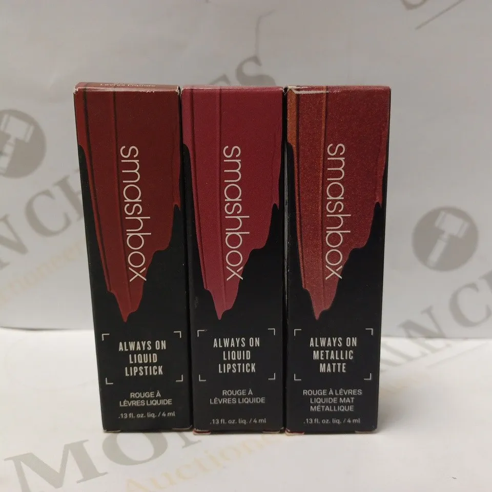 LOT OF 3 SMASHBOX ALWAYS ON LIPSTICKS TO INCLUDE DISORDERLY, DREAM HUGE, RUST FUND 