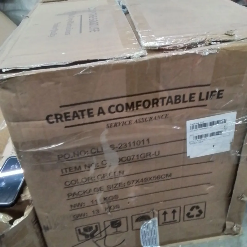 BOXED SET OF 2 DESIGNER GREEN VELVET CHAIRS, WOOD COLOURED LEGS (1 BOX)