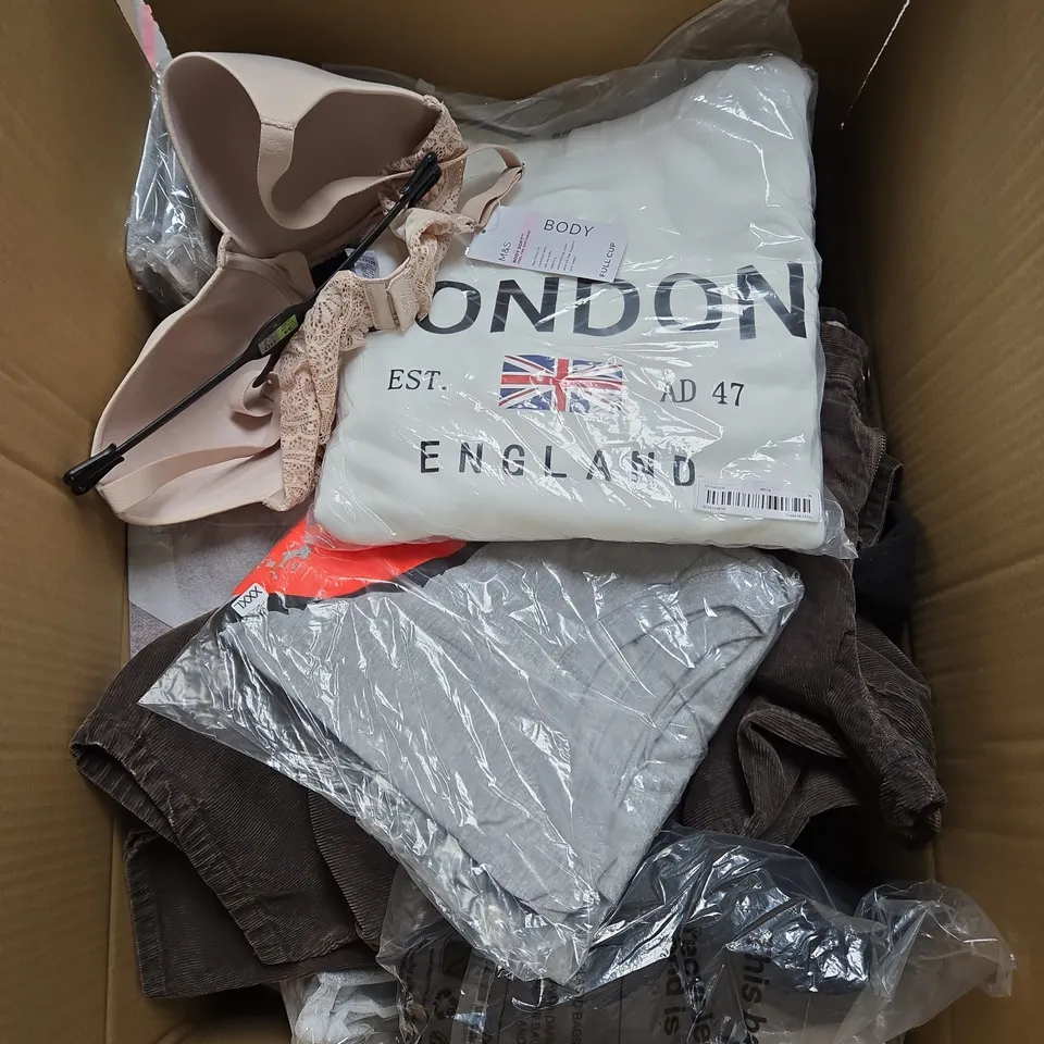 LARGE BOX OF ASSORTED CLOTHING ITEMS IN VARIOUS SIZES, STYLES AND COLOUR 