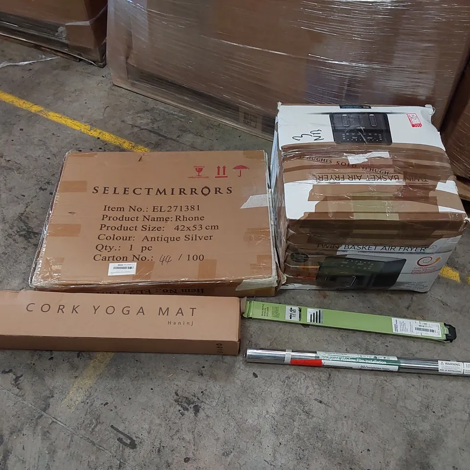 PALLET OF ASSORTED ITEMS INCLUDING: AIR FRYER, DESIGNER MIRROR, YOGA MAT, MAGNETIC KNIFE HOLDER, WINDOW FILM